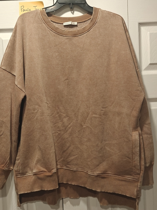 Zenana Outfitters Tops - Zenana Just For You Distressed Pullover Mocha NWOT